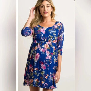 PinkBlush | Royal blue floral dress‎ sheer sleeves MATERNITY women’s M mini